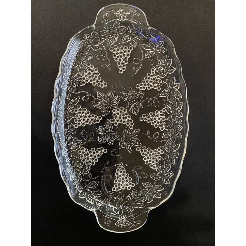 Vintage Crystal Cut Anchor Hocking‎ Grape Patterned Glass Snack Plate